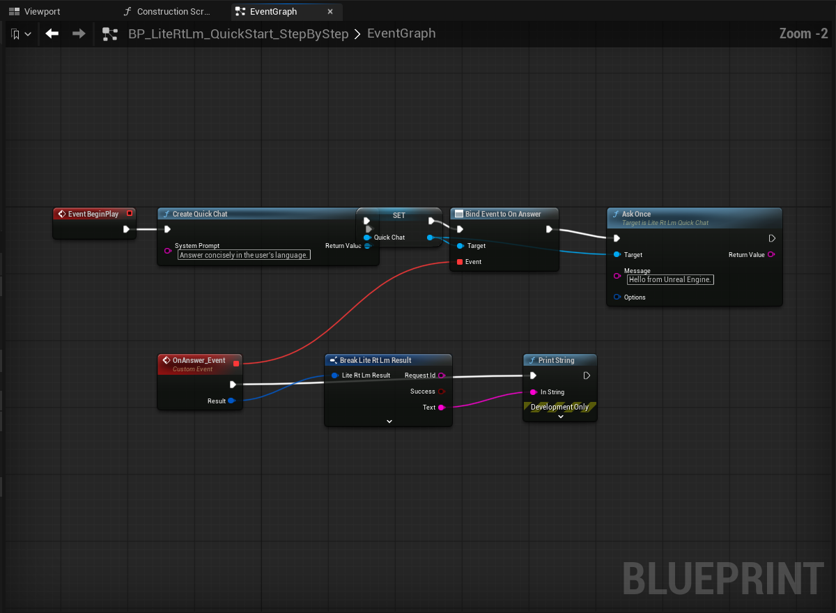 The complete Quick Chat Blueprint chain in the English UE5 editor